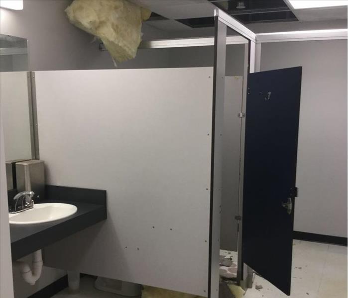 water stains on ceiling tiles, insulation fallen on floor of stall